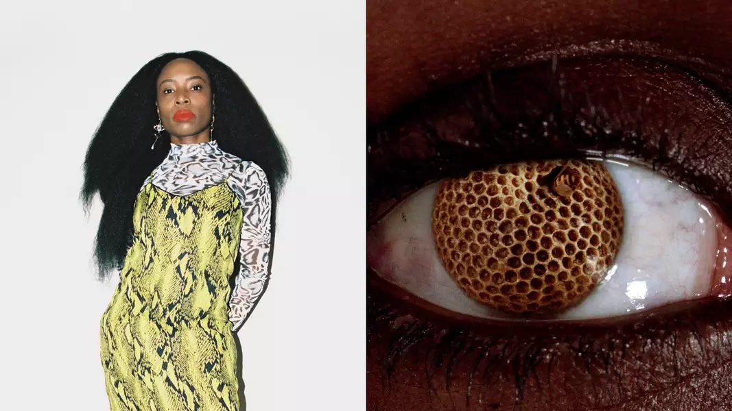 The image shows a side-by-side composition. On the left is a photo of Jenn Nkiru wearing a patterned high-neck top layered with a yellow snakeskin dress. On the right, there is an extreme close-up of an eye, with a honeycomb texture replacing the iris.