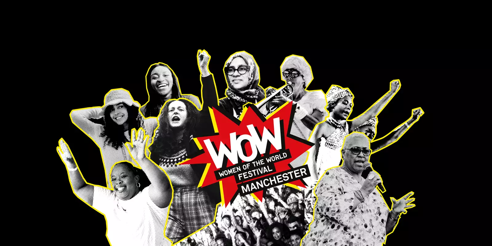 Collage of speakers at WOW festival with 'WOW - Women of the World Manchester' logo in the middle