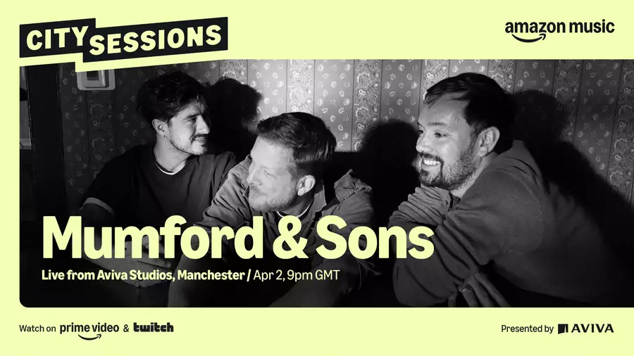 A black and white photo of three members of Mumford & Sons, surrounded by a yellow border. The yellow text over the image reads: ‘Mumford & Sons Live from Aviva Studios, Manchester / Apr 2, 9pm GMT’. The text in the border reads’ City Sessions. Watch on prime video & twitch. Presented by Aviva’ and includes the logos for prime, twitch, Amazon music and Aviva.