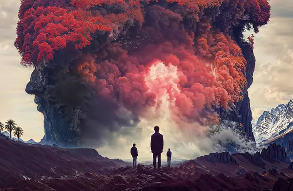 Three people stood against a backdrop of mountains, looking at an explosion