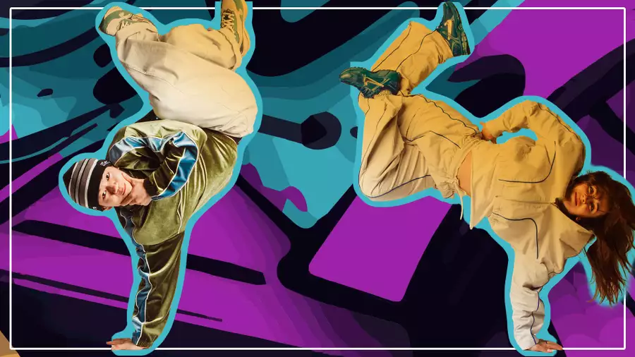 Two breakdancers in dynamic poses against a vibrant, graffiti-style background.