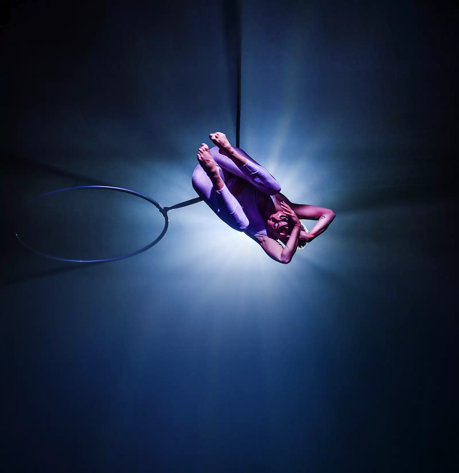 A performer hangs off a rope wearing a light purple bodysuit during Wake