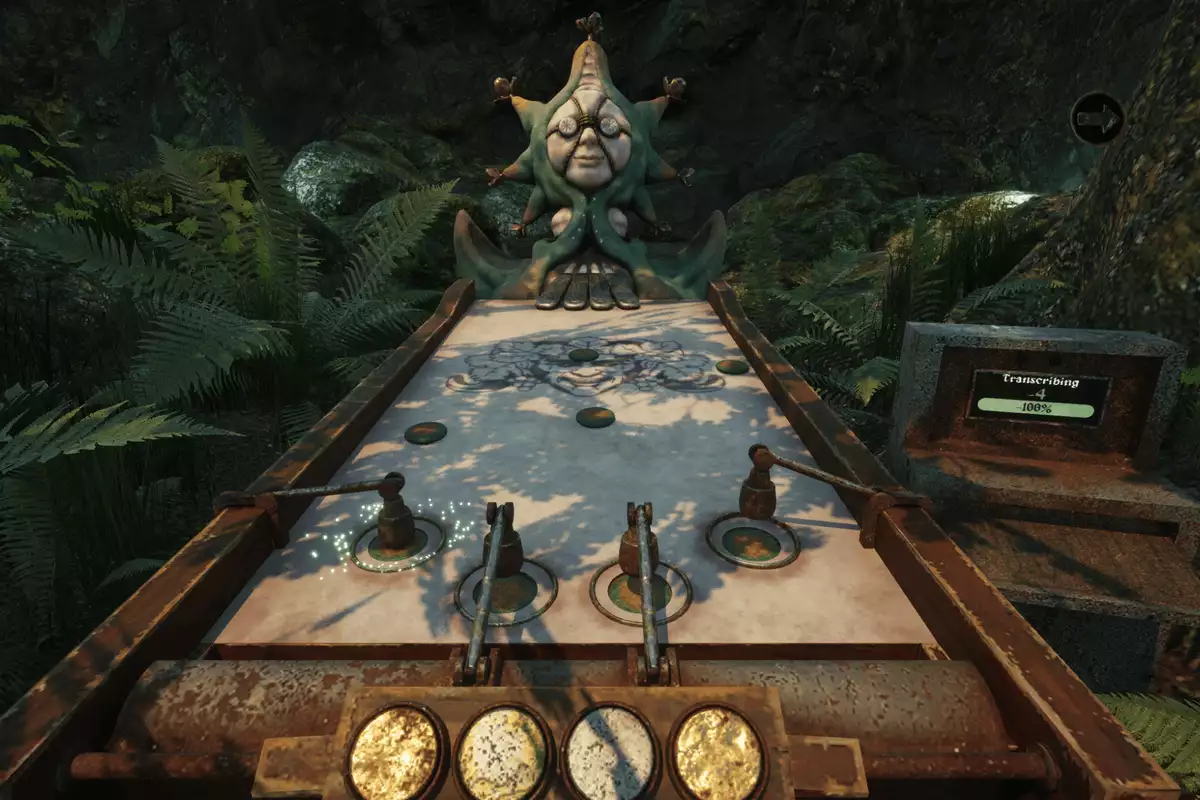 A still from Something Beautiful video game, showing a puzzle board in a jungle setting with a carved statue at the far end.