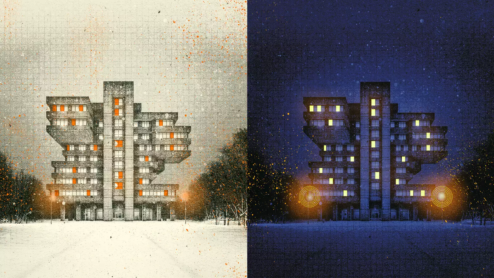 Split image of a modernist building shown in daytime on the left and nighttime on the right.