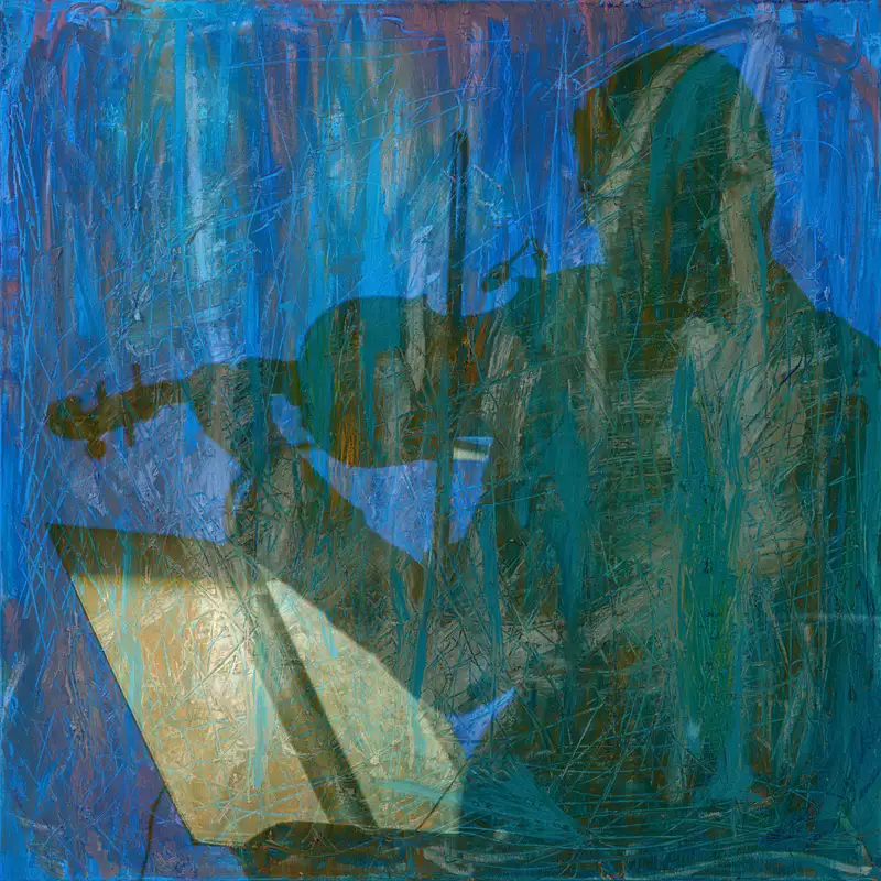 Abstract painting of a violinist in blue tones.