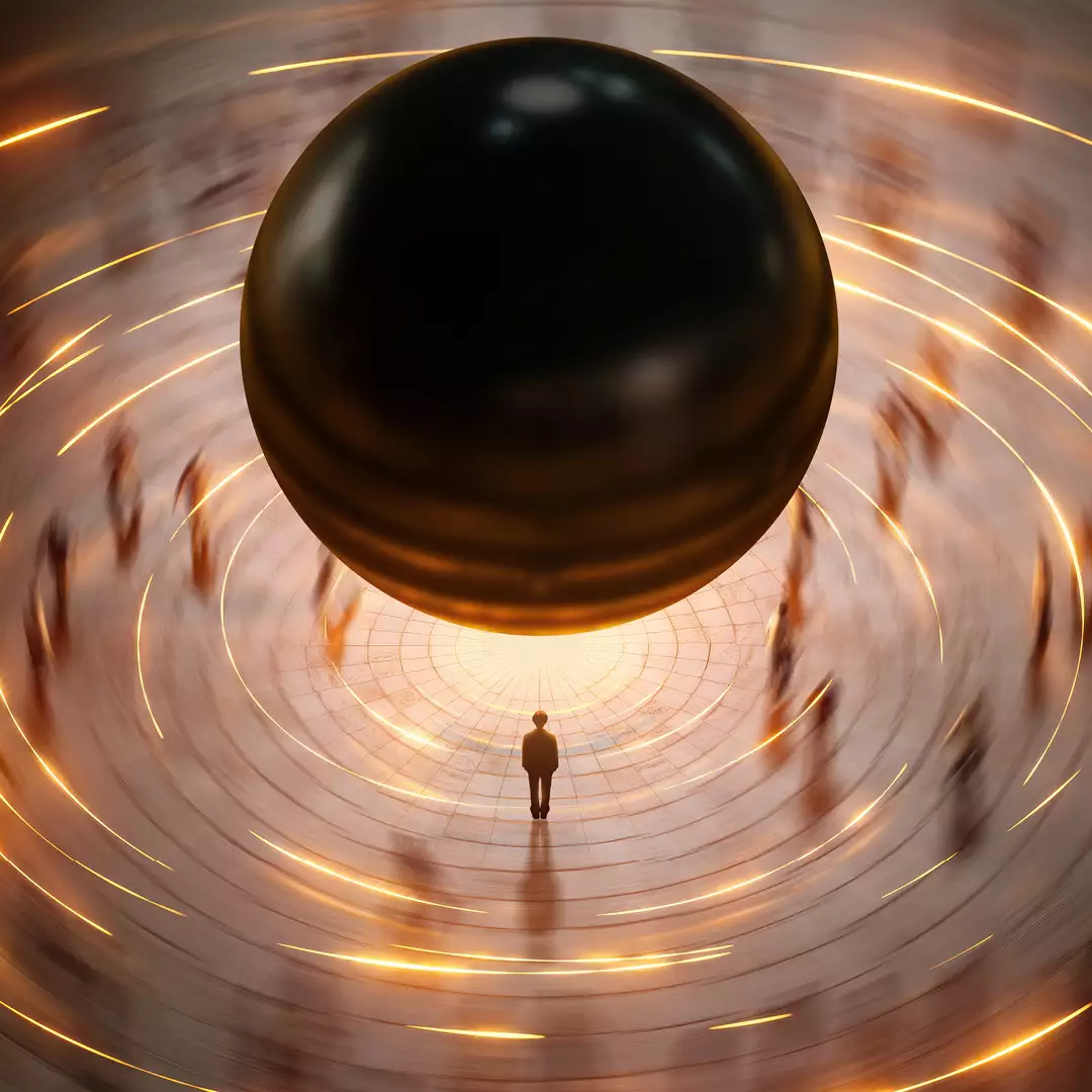 A lone figure stands beneath a massive black sphere, surrounded by swirling golden light trails