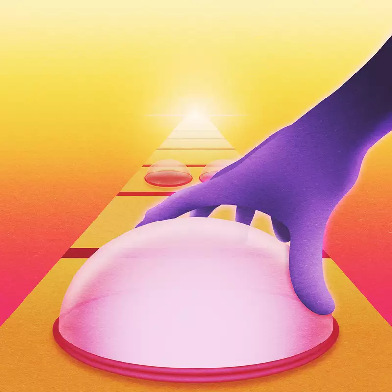 Illustration of a purple hand pressing a button on a conveyer belt