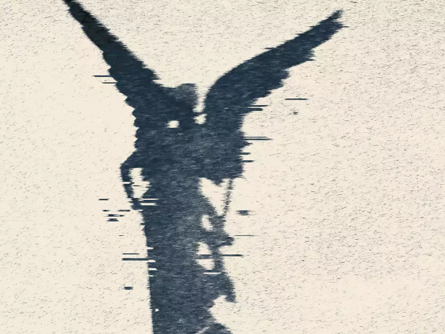 Glitch-style monochrome outline of an angel with wings