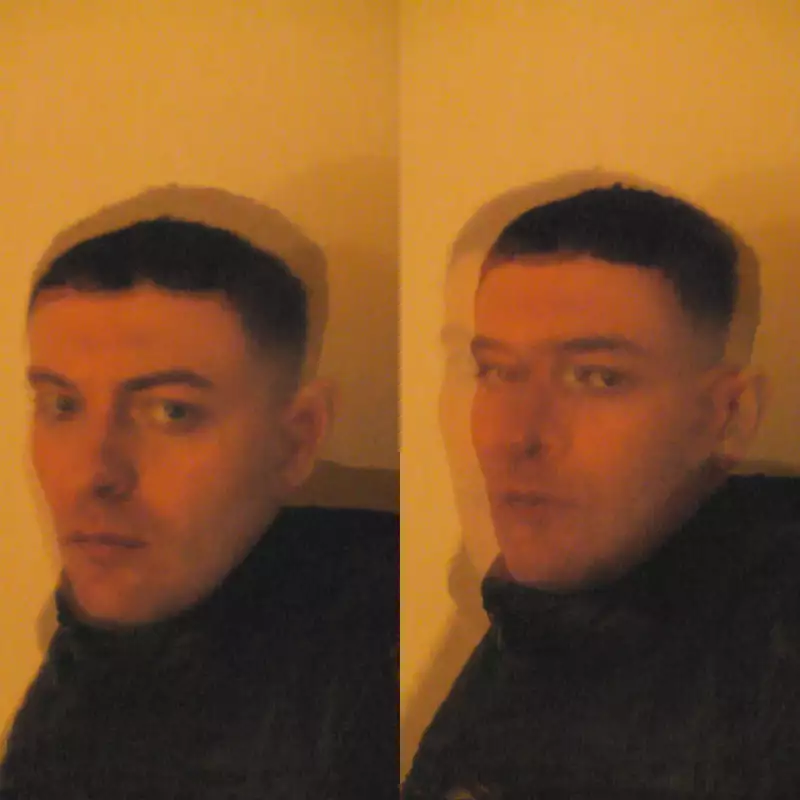 Side-by-side portrait of Rainy Miller captured from slightly different angles. The warm, dim lighting and grainy texture give the image a moody, intimate atmosphere.