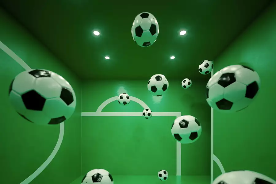 Multiple floating soccer balls inside a green room with white goalpost markings on the walls. The perspective and reflections create an illusion of depth, making it appear as if the balls are suspended in mid-air.