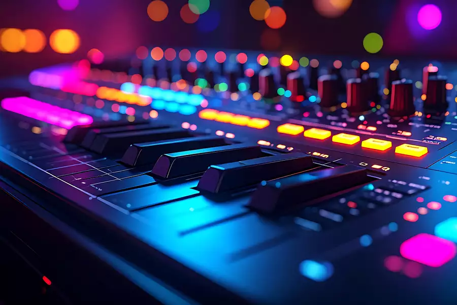 A close up of DJ deck bathed in fluorescent lights.