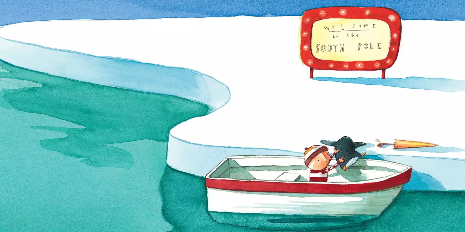 An illustration from Lost and Found of a boy and a penguin in a boat at the South Pole