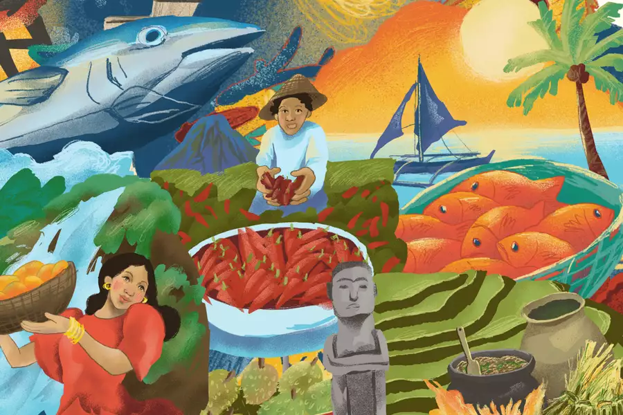 Illustration of a tropical market with fish, fruit, vegetables, people, and a coastal landscape.