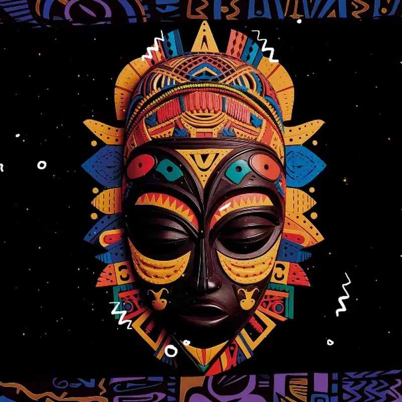A vibrant African mask against a starry black background, featuring bold geometric patterns in red, yellow, blue, and orange.