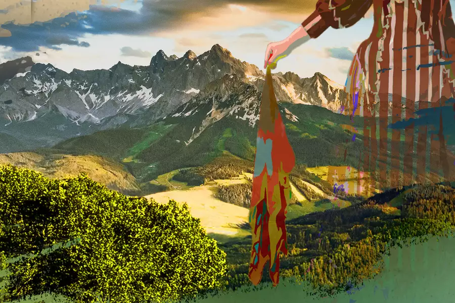 A digital collage featuring a picturesque mountain landscape with greenery in the foreground and snow-capped peaks in the background. Overlaid on the scene is a semi-transparent figure of a woman dressed in a striped gown, holding a flowing fabric.