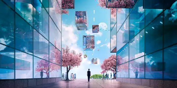 A futuristic cityscape with cherry blossom trees and people walking in the backgroud