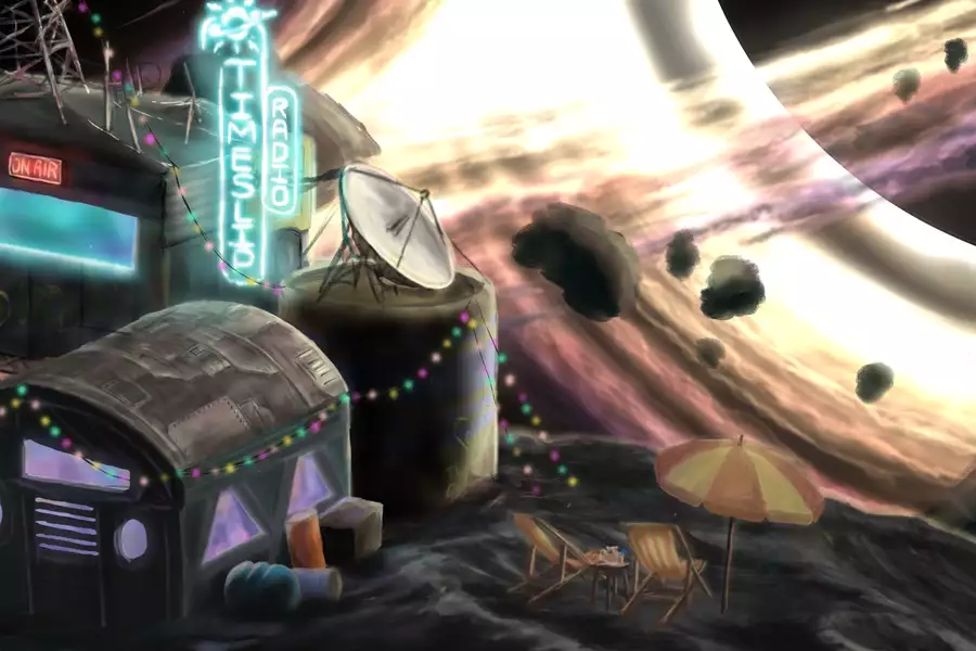 Futuristic space outpost with a neon-lit radio station, satellite dish, colourful lights, lounge chairs, floating asteroids, and a glowing ringed planet in the background.