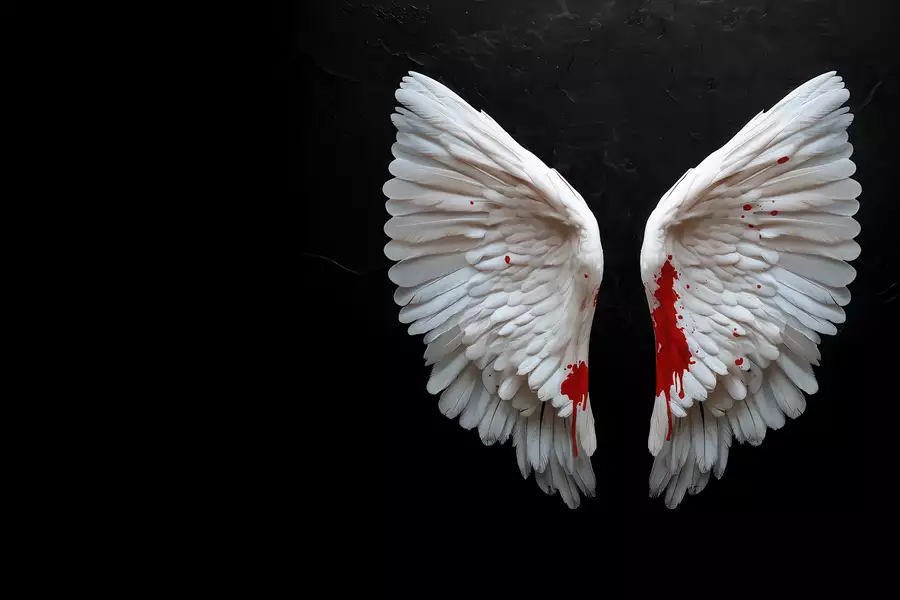 A pair of white angel wings displayed against a dark, black background. The lower parts of the wings are stained with vivid red, resembling blood splatter.