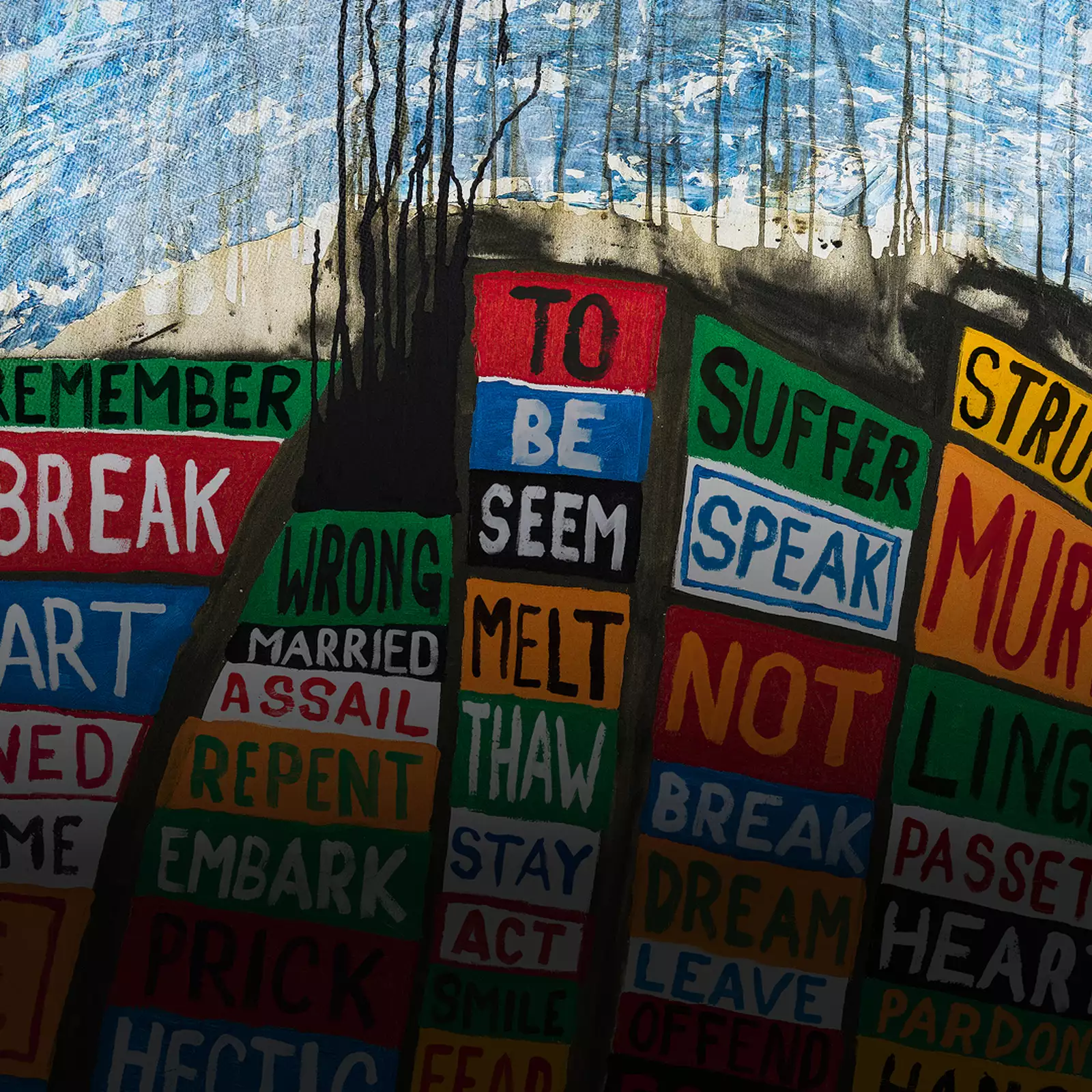 The cover of Radiohead’s Hail to the Thief – which is a collage of colourful text blocks stacked on top of each other. The text has been replaced by words from Hamlet.