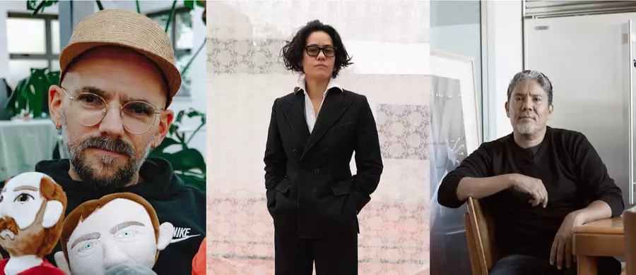 Composite image of Ryan Gander, Bárbara Sánchez Kane and Paul Pfeiffer (L-R)