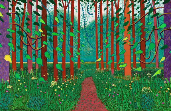 David Hockney's 'The Arrival of Spring in Woldgate' – a painting of the woods, with a path going through the middle.