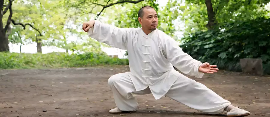 A man doing a tai chi pose in a sunny woodland setting