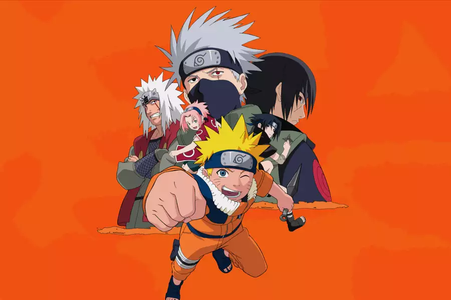 Anime poster of Naruto characters, with Naruto punching forward in the foreground and his team behind him on an orange background.