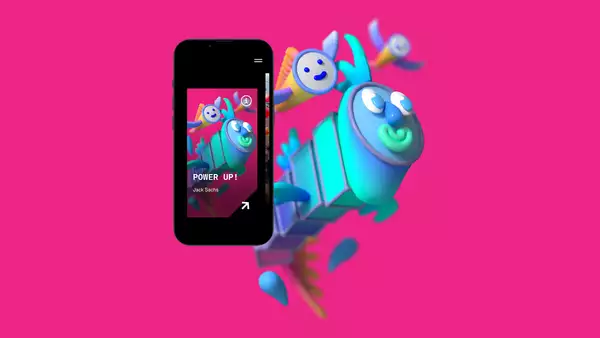 A blue cartoon fish on a pink background by artist Jack Sachs