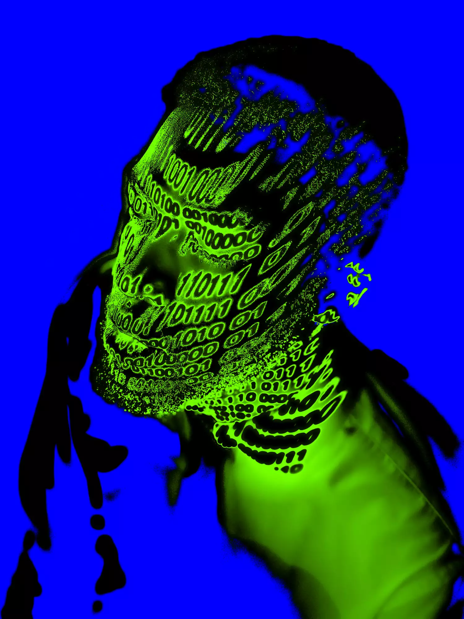 A distorted image of a person with bright green colours and letters on their face – on a bright blue background.
