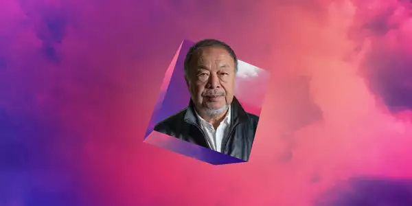 Headshot of Ai Weiwei floating on a pink background with clouds
