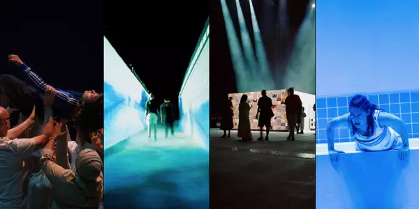 Composite image showing two scenes from an Artist Takeover and two scenes from Angel's Bone opera with the ENO – both in the Warehouse