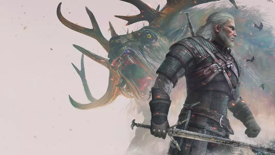 A still from The Witcher, showing a white-haired protagonist wielding a sword and wearing armour, with a  monster featuring antlers and sharp teeth in the background.