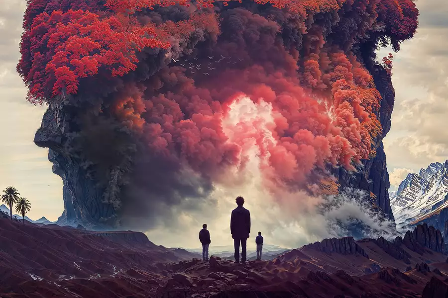 Three people stood against a backdrop of mountains, looking at an explosion