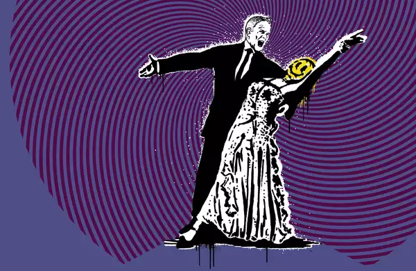 A stencil-style illustration shows a couple dancing, with the man in a suit and the woman in a gown. Her face is replaced by a yellow smiley face, set against a purple background with concentric circles.