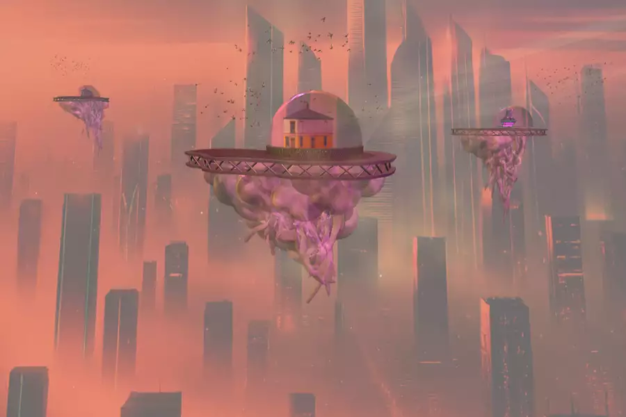 A futuristic cityscape with towering skyscrapers in pink hues. Floating platforms resembling flying saucers hover above the city. One shows the Manchester pub Peveril of the Peak. The platforms are upheld by jellyfish-like formations with tendrils dangling beneath. Swarms of birds fly around the scene.