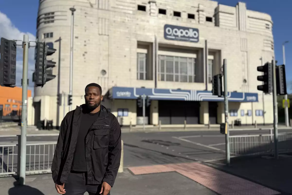 Griot Gabriel stood outside the O2 Apollo