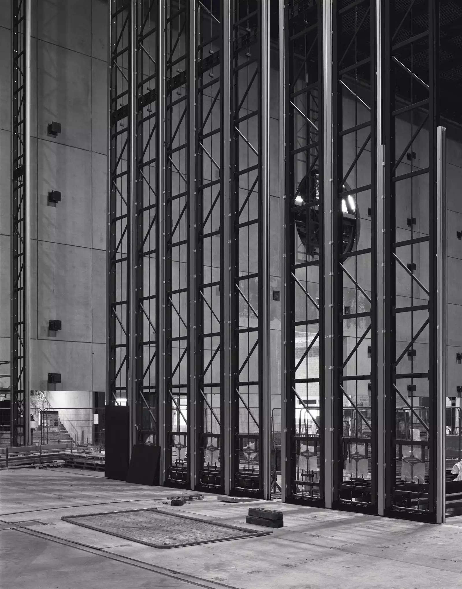 Black and white photograph by Hélène Binet showing the construction of the Warehouse at Aviva Studios