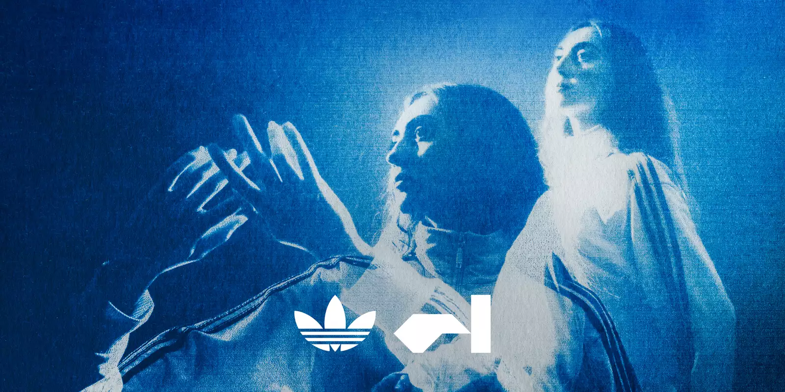Person dancing with raised hands in blue light, with others behind them. The adidas and Factory International logos are at the bottom.