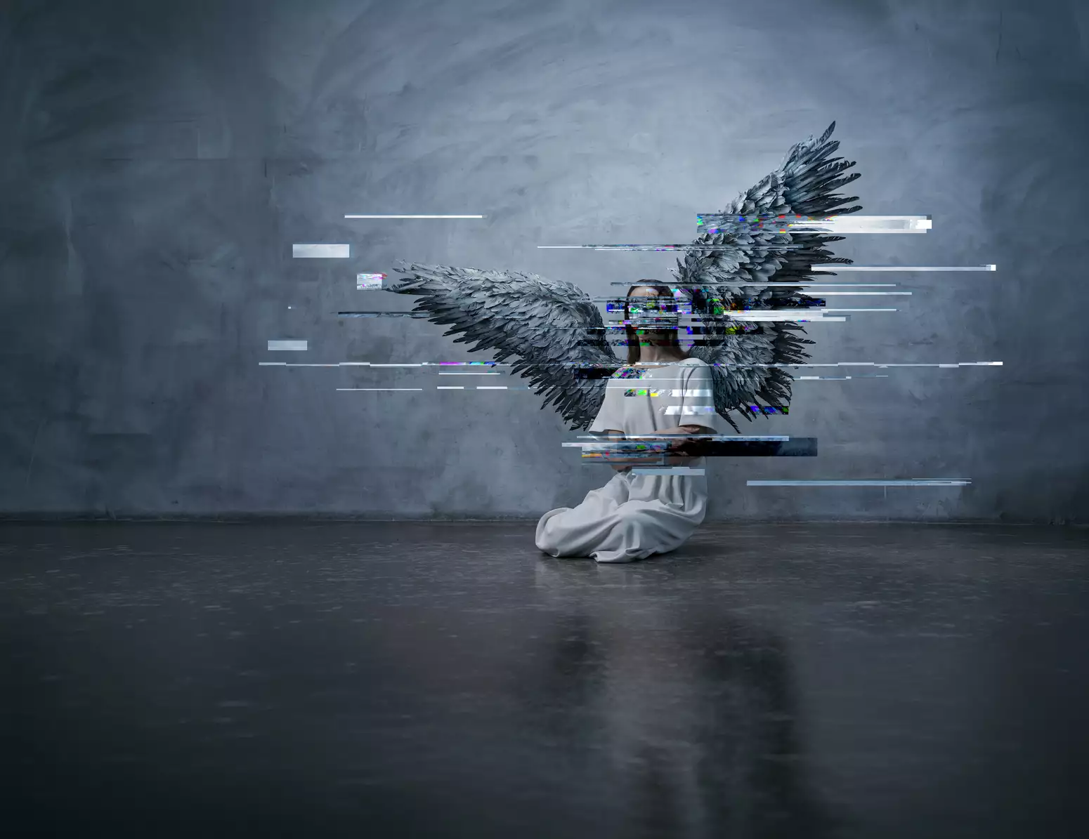An angel cowers in a corner with glitchy effect
