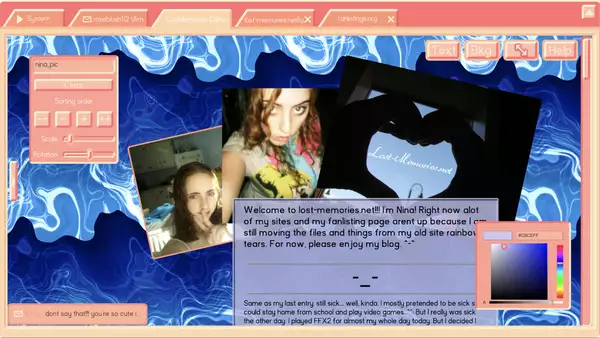 A screenshot from Lost Memories Dot Net, showing a fictional personal website from the early 2000s. The browser window has a pink and peach colour scheme and the website contains a paragraph of welcome text and selfie photographs.