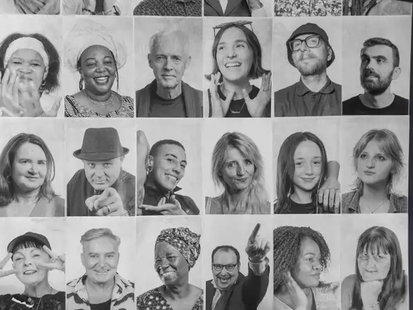 Black and white inside out portraits of people smiling