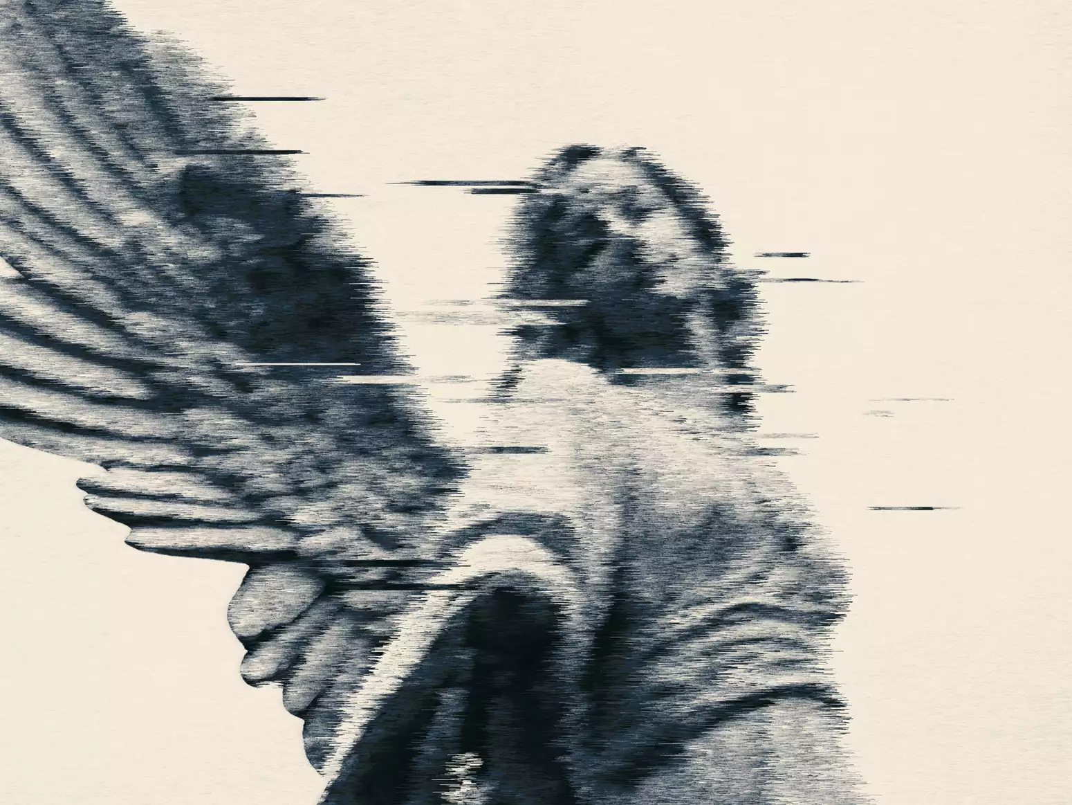 Glitch-style monochrome portrait of an angel with wings