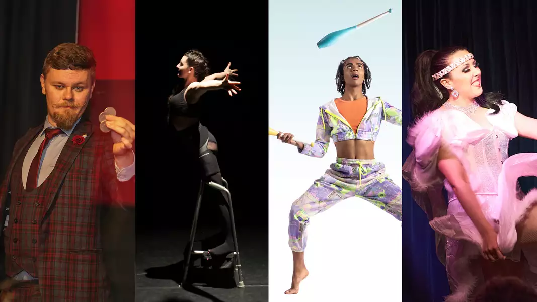 Composite image of the four performers in various acts (L-R): Adam B dressed as a magician holding coins, Porcelain Delaney dancing, Louise balancing a club, and Miss Lolly May performing and wearing a pink feathered outfit.