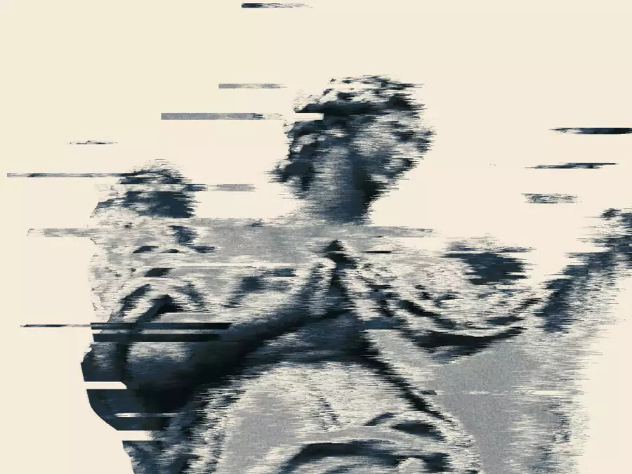 Glitch-style monochrome portrait of an angel clasping their hands together