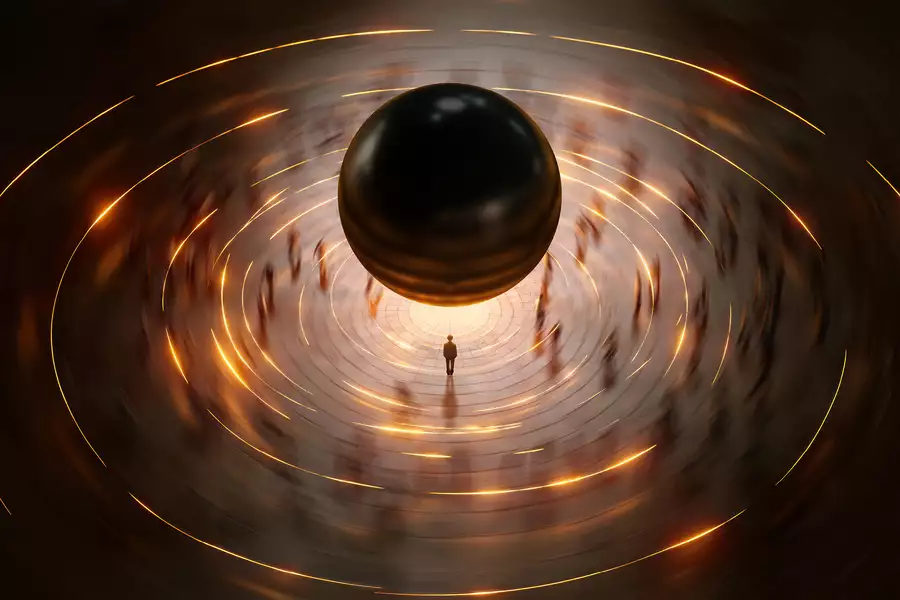 A lone figure stands beneath a massive black sphere, surrounded by swirling golden light trails