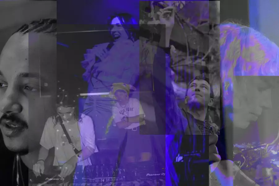 A collage of the performers at FLUFF overlaid with a blue filter