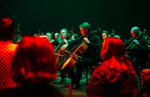 Two audience members watching a cello player in an orchestra. The lighting is red.