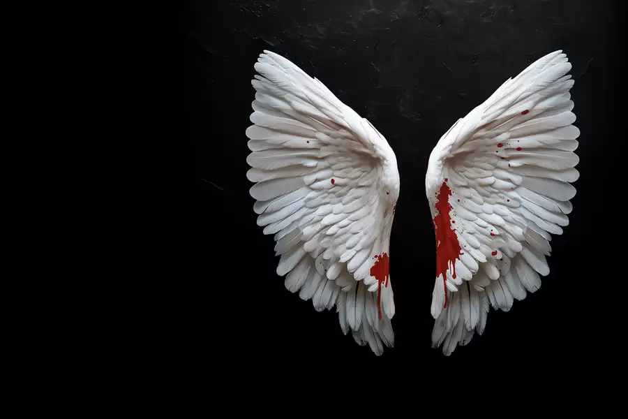 A pair of white angel wings displayed against a dark, black background. The lower parts of the wings are stained with vivid red, resembling blood splatter.