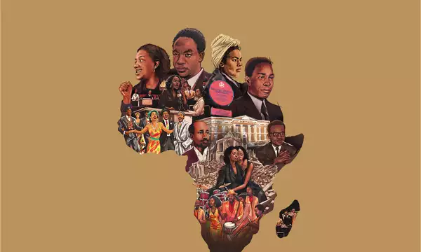 An artistic collage in the shape of Africa features key figures, cultural icons, and historical moments from the continent's liberation movements. The illustration is on a warm brown background.