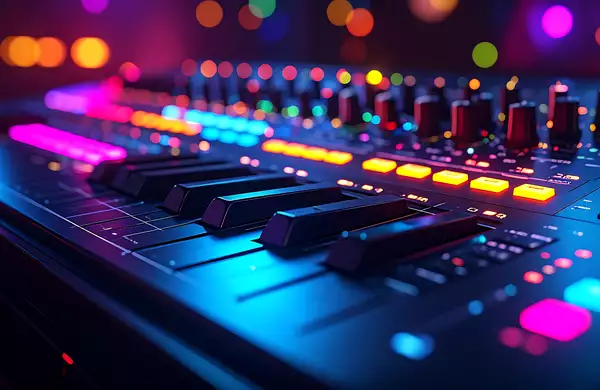 A close up of DJ deck bathed in fluorescent lights.